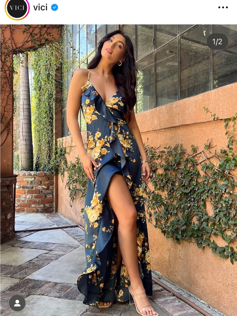VICI Navy and Yellow Floral High-Low Ruffle Wrap Dress